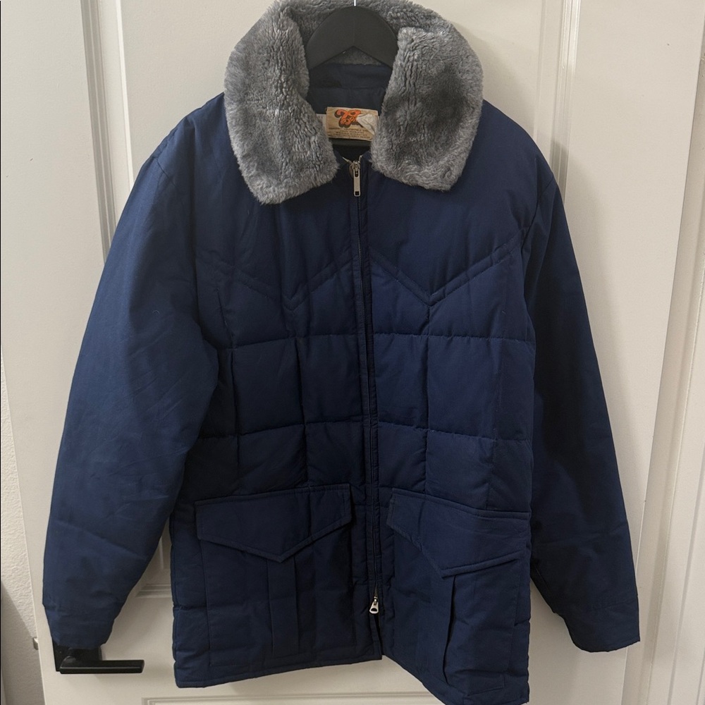 Vintage Comfy Down Blue Gray Faux fur collar Winter Puffer Jacket